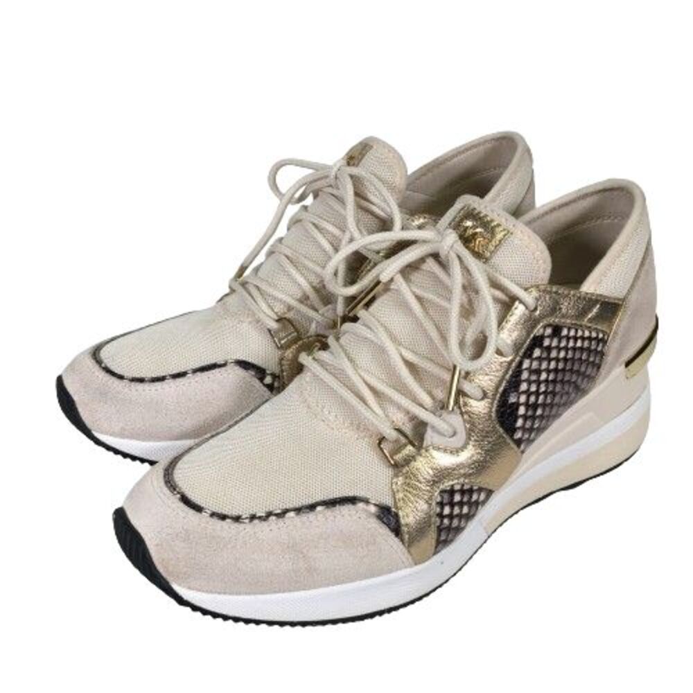 Michael Kors Liv Logo Trainer Extreme Wedge Ivory Brown Gold Womens Shoes Sz 8.5 - Picture 3 of 14